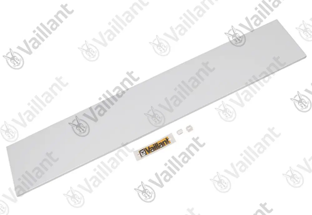 Vaillant Frontblech in Weiß mit Logo, geeignet für bestimmte Modelle, flache Bauform. Beinhaltet kleinformatige Zubehörteile zur Montage.